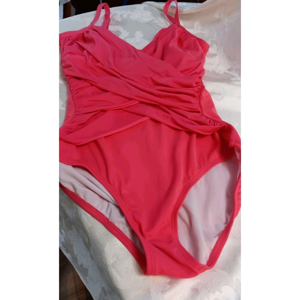 Jantzen Classic Sz 8 Crossover One Piece Swimsuit Ruched UnPadded Pink...READ